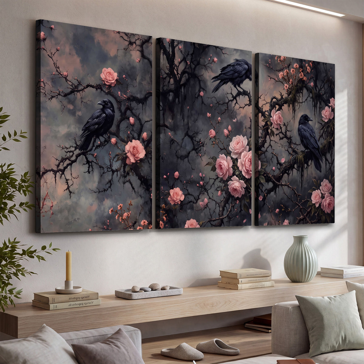 Black ravens perched among pink roses and dark branches 3 piece canvas wall art displayed in a console