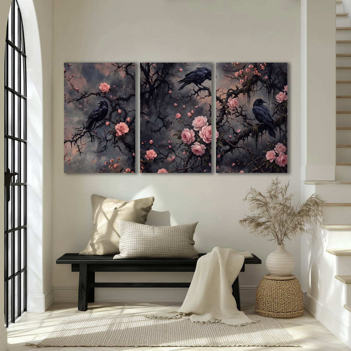 Black ravens perched among pink roses and dark branches 3 piece canvas wall art displayed in a entryway