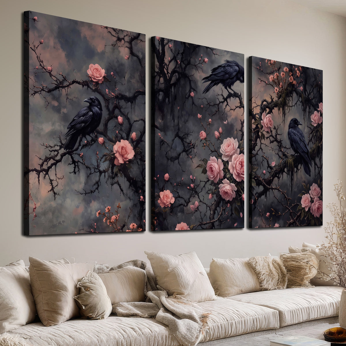 Black ravens perched among pink roses and dark branches 3 piece canvas wall art room and product view