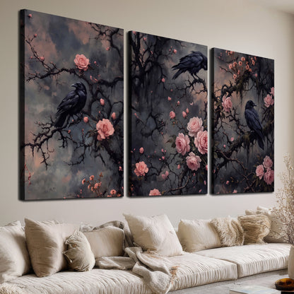 Black ravens perched among pink roses and dark branches 3 piece canvas wall art room and product view
