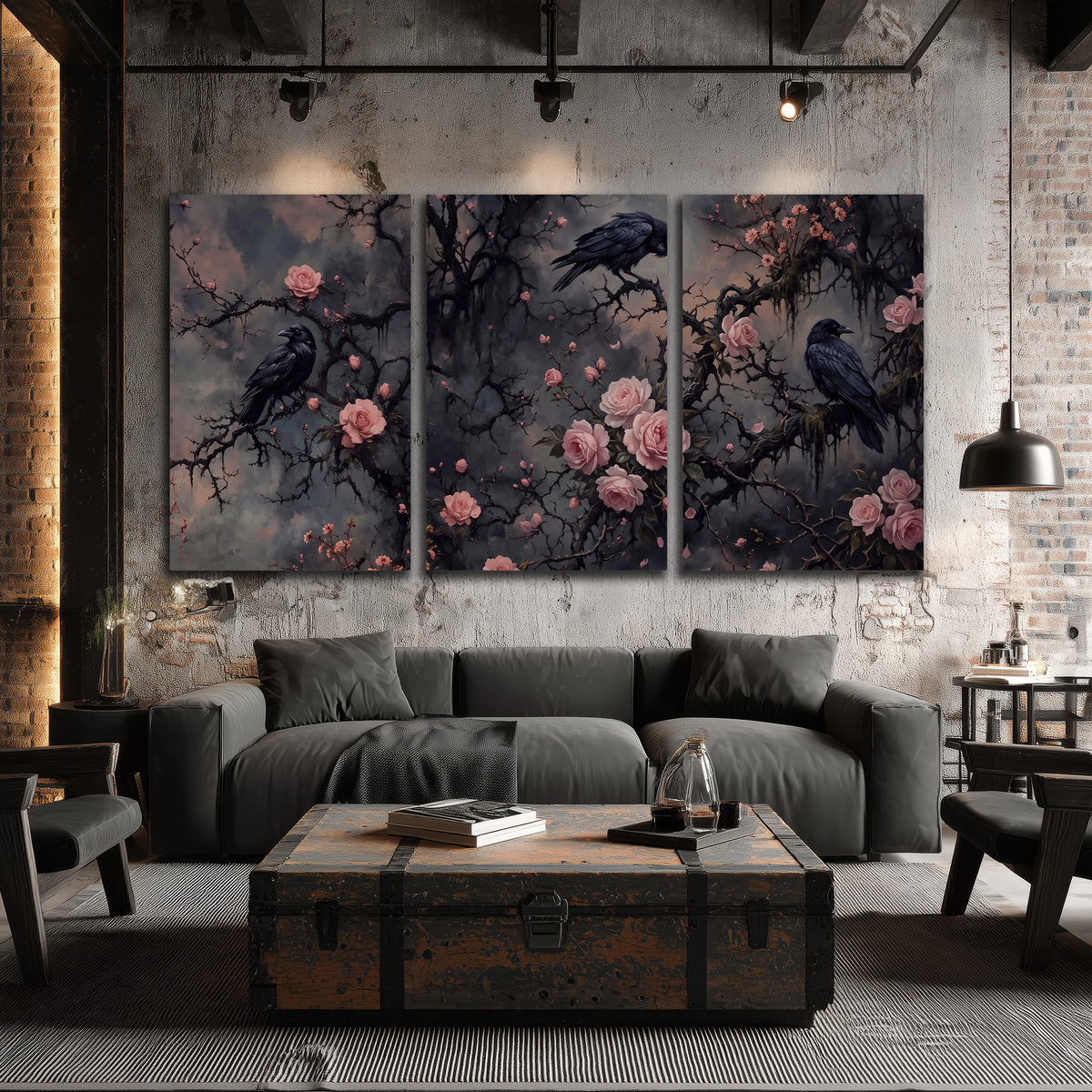 Black ravens perched among pink roses and dark branches 3 piece canvas wall art displayed in a industrial room