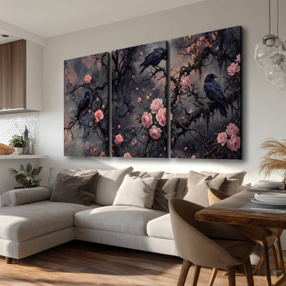 Black ravens perched among pink roses and dark branches 3 piece canvas wall art room and product view