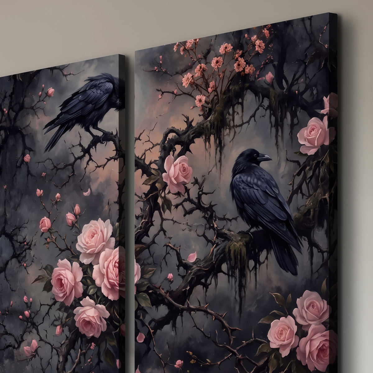Black ravens perched among pink roses and dark branches 3 piece canvas wall art room and product view