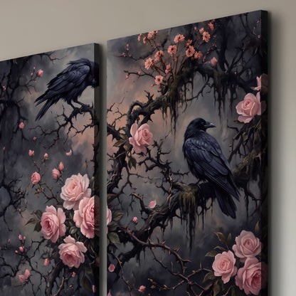 Black ravens perched among pink roses and dark branches 3 piece canvas wall art room and product view