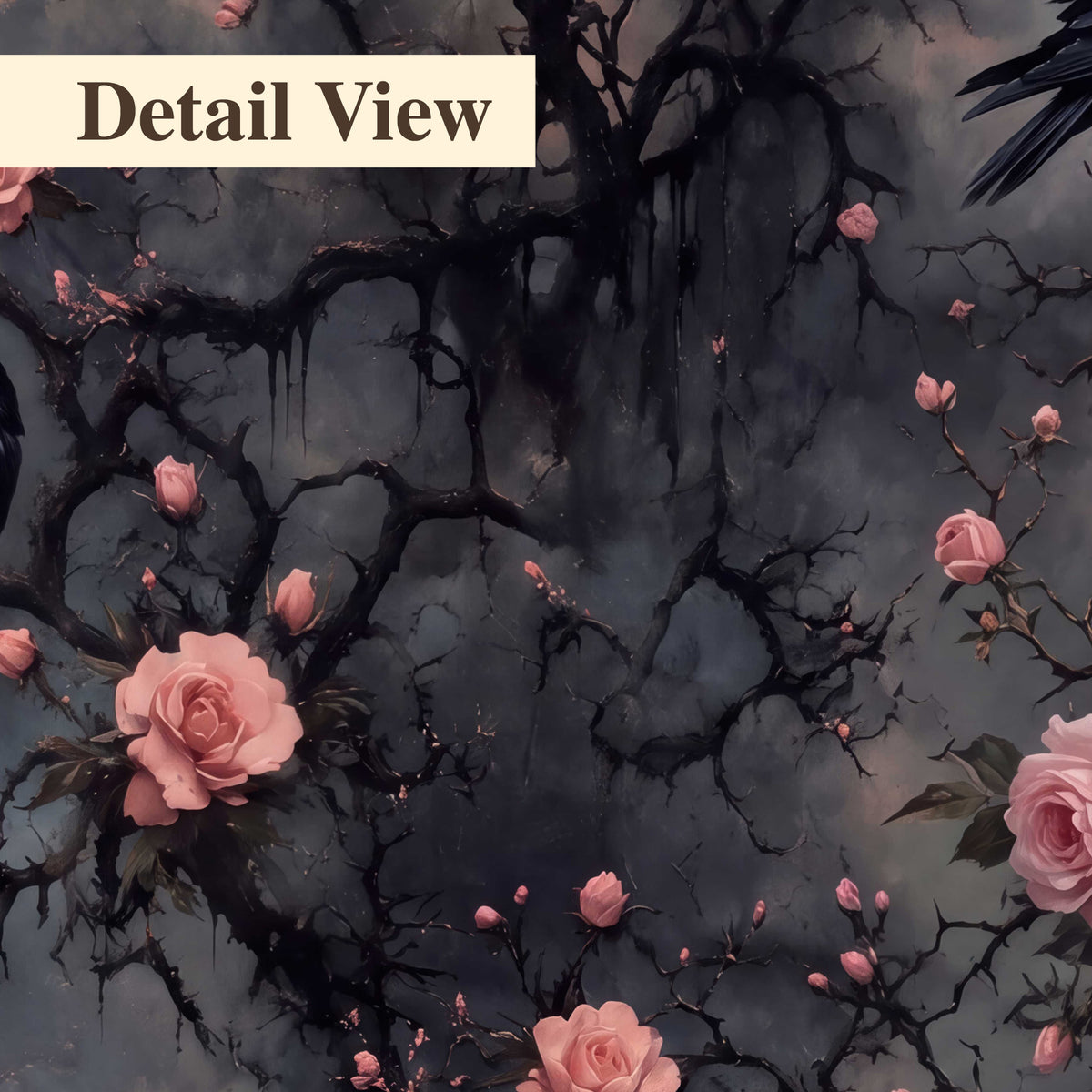 Black ravens perched among pink roses and dark branches 3 piece canvas wall art artwork detail close up