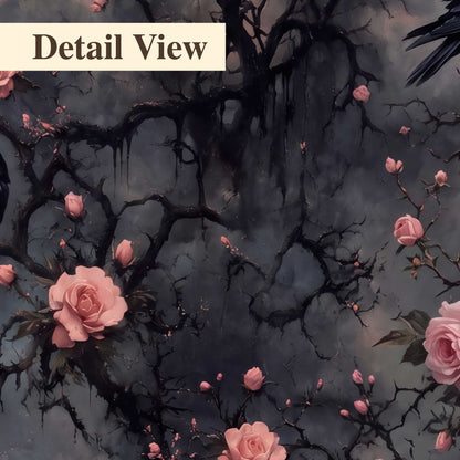 Black ravens perched among pink roses and dark branches 3 piece canvas wall art artwork detail close up