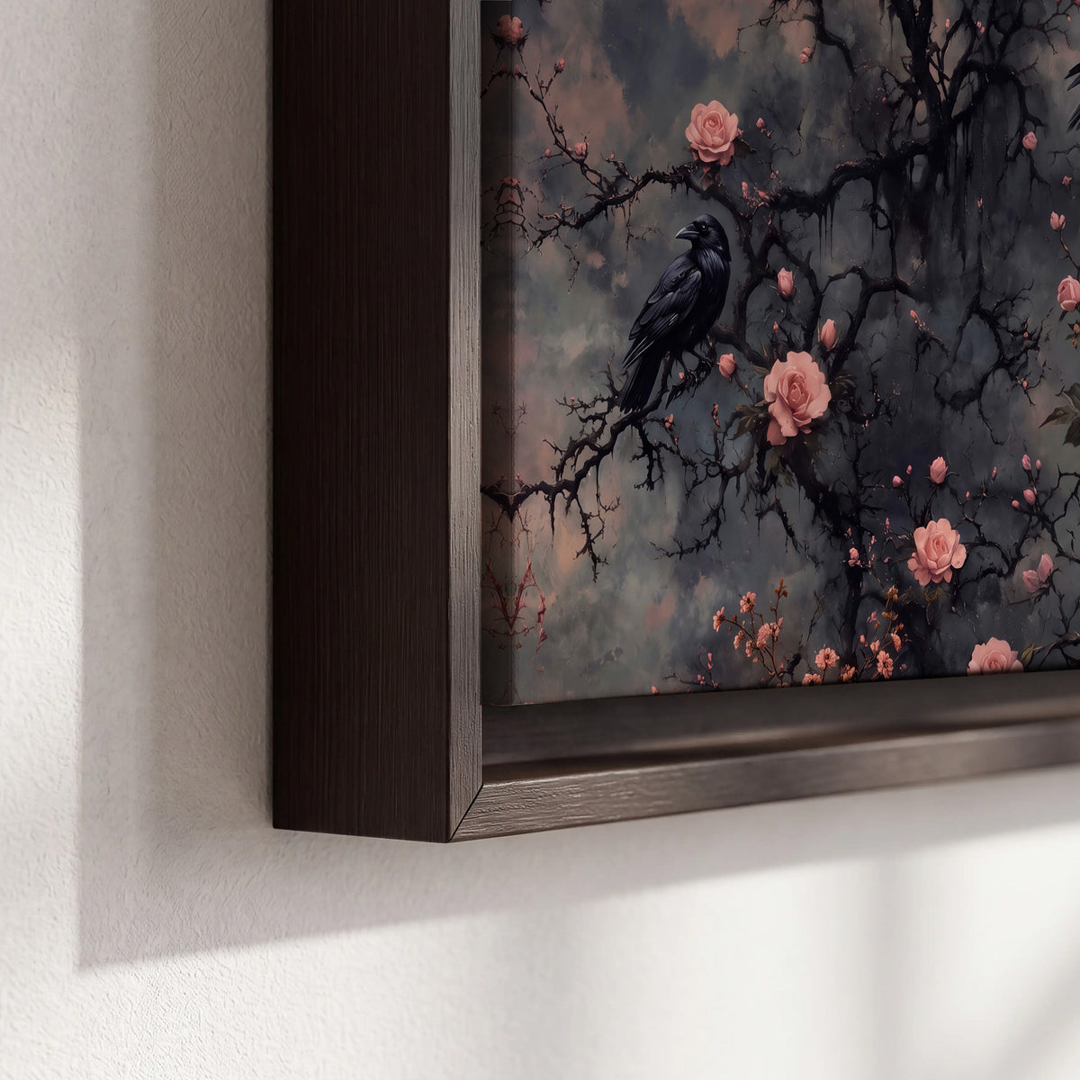 Black ravens perched among pink roses and dark branches 3 piece framed canvas wall art material and edge close up