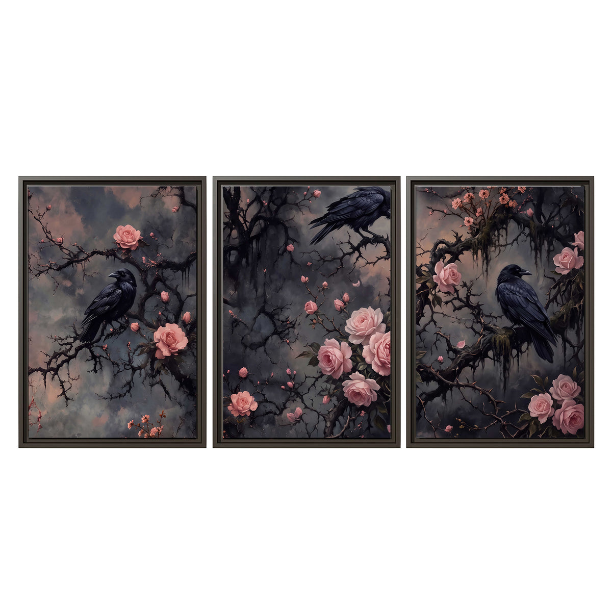Black ravens perched among pink roses and dark branches 3 piece framed canvas wall art viewed straight on