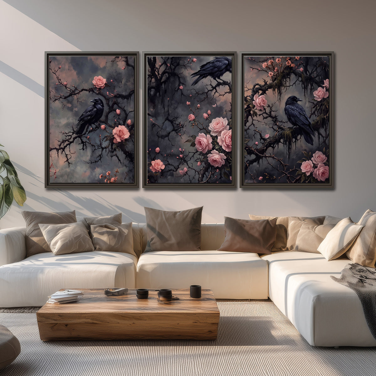 Black ravens perched among pink roses and dark branches 3 piece framed canvas wall art displayed in a living room