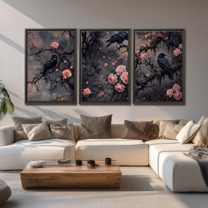 Black ravens perched among pink roses and dark branches 3 piece framed canvas wall art displayed in a living room