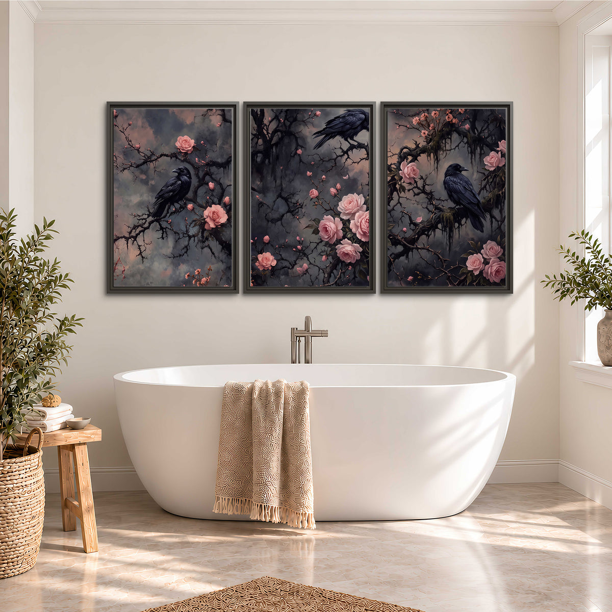 Black ravens perched among pink roses and dark branches 3 piece framed canvas wall art styled in an interior