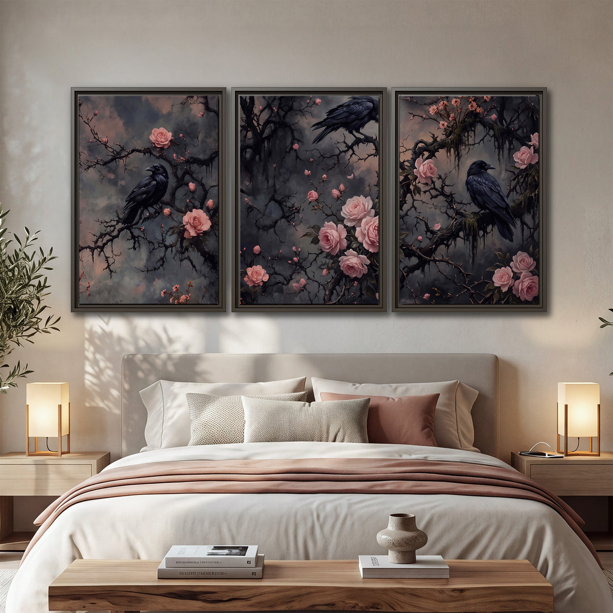 Black ravens perched among pink roses and dark branches 3 piece framed canvas wall art displayed in a bedroom