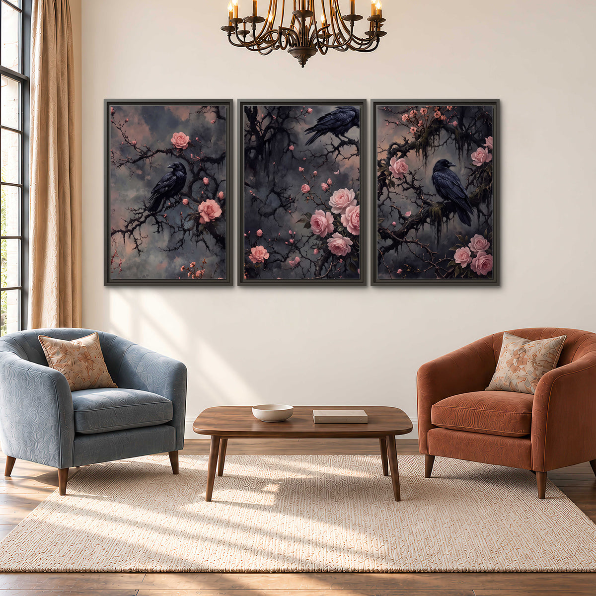 Black ravens perched among pink roses and dark branches 3 piece framed canvas wall art styled in an interior