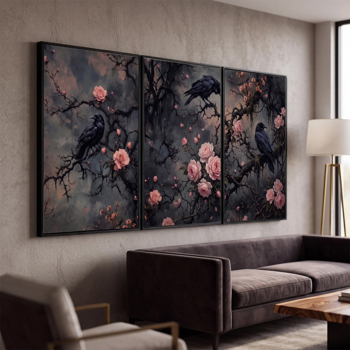 Black ravens perched among pink roses and dark branches 3 piece framed canvas wall art displayed in a modern living room