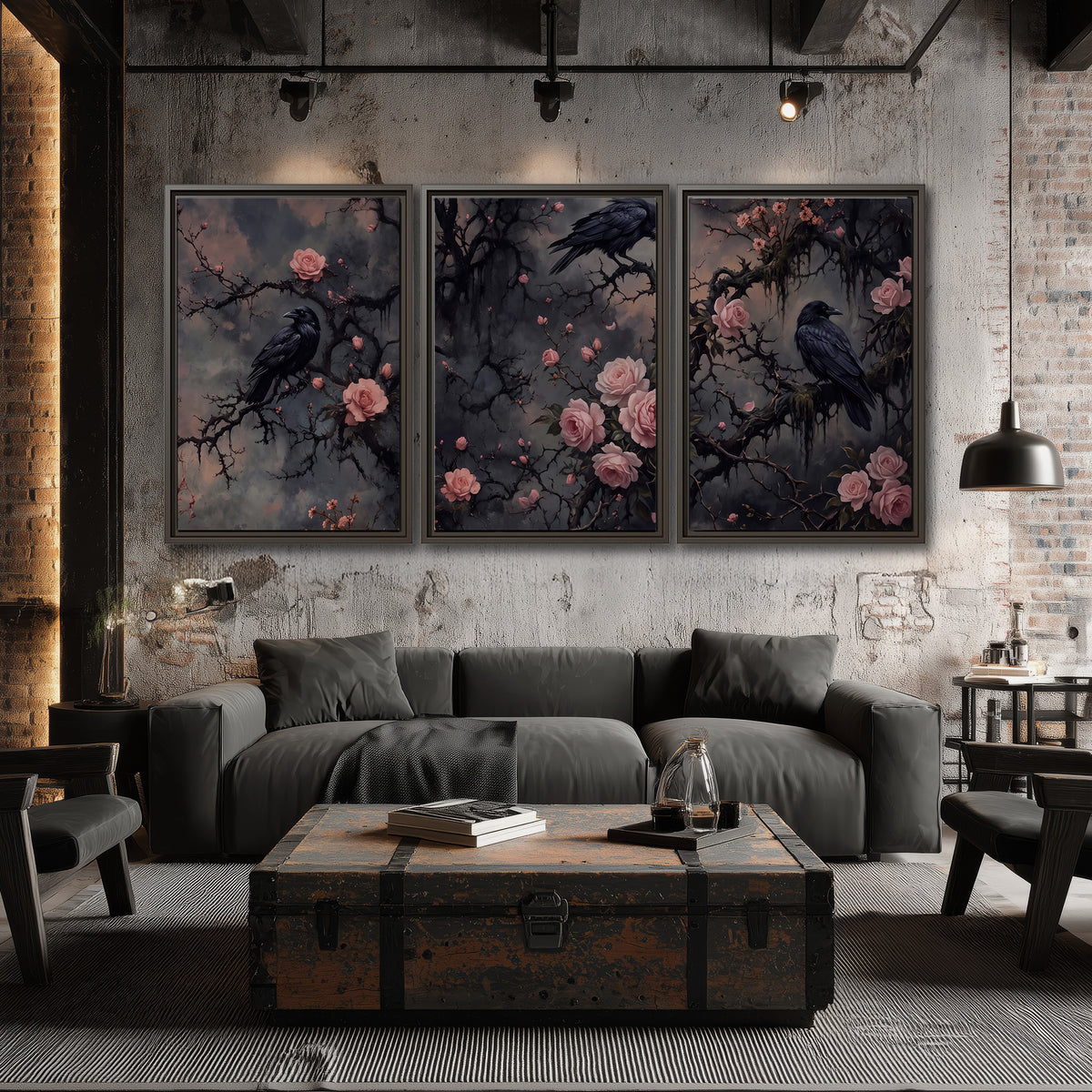 Black ravens perched among pink roses and dark branches 3 piece framed canvas wall art displayed in a industrial room