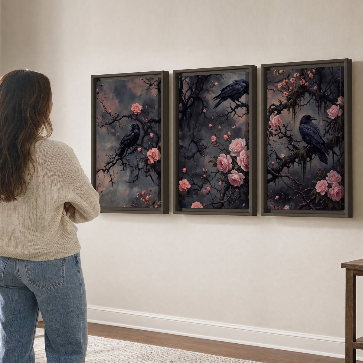 Black ravens perched among pink roses and dark branches 3 piece framed canvas wall art three panel arrangement on a wall
