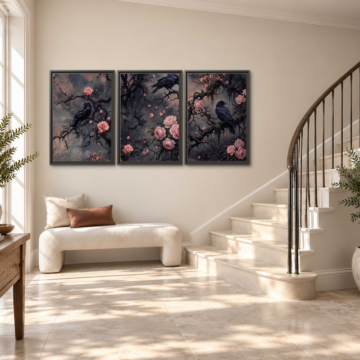 Black ravens perched among pink roses and dark branches 3 piece framed canvas wall art styled in an interior