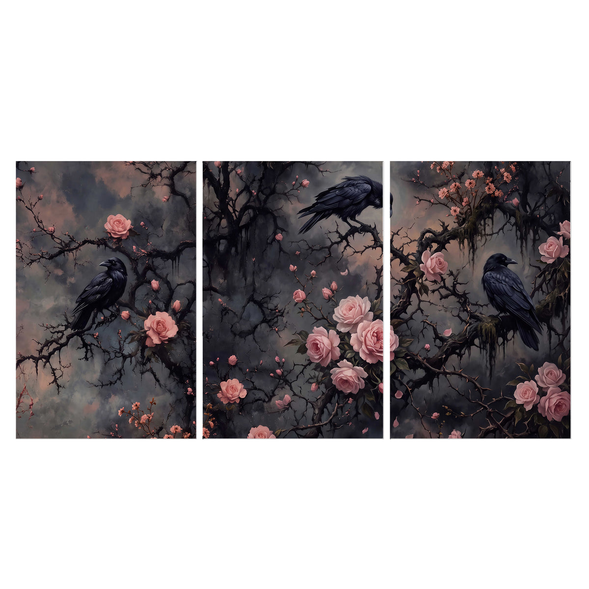 Black ravens perched among pink roses and dark branches set of 3 poster prints viewed straight on