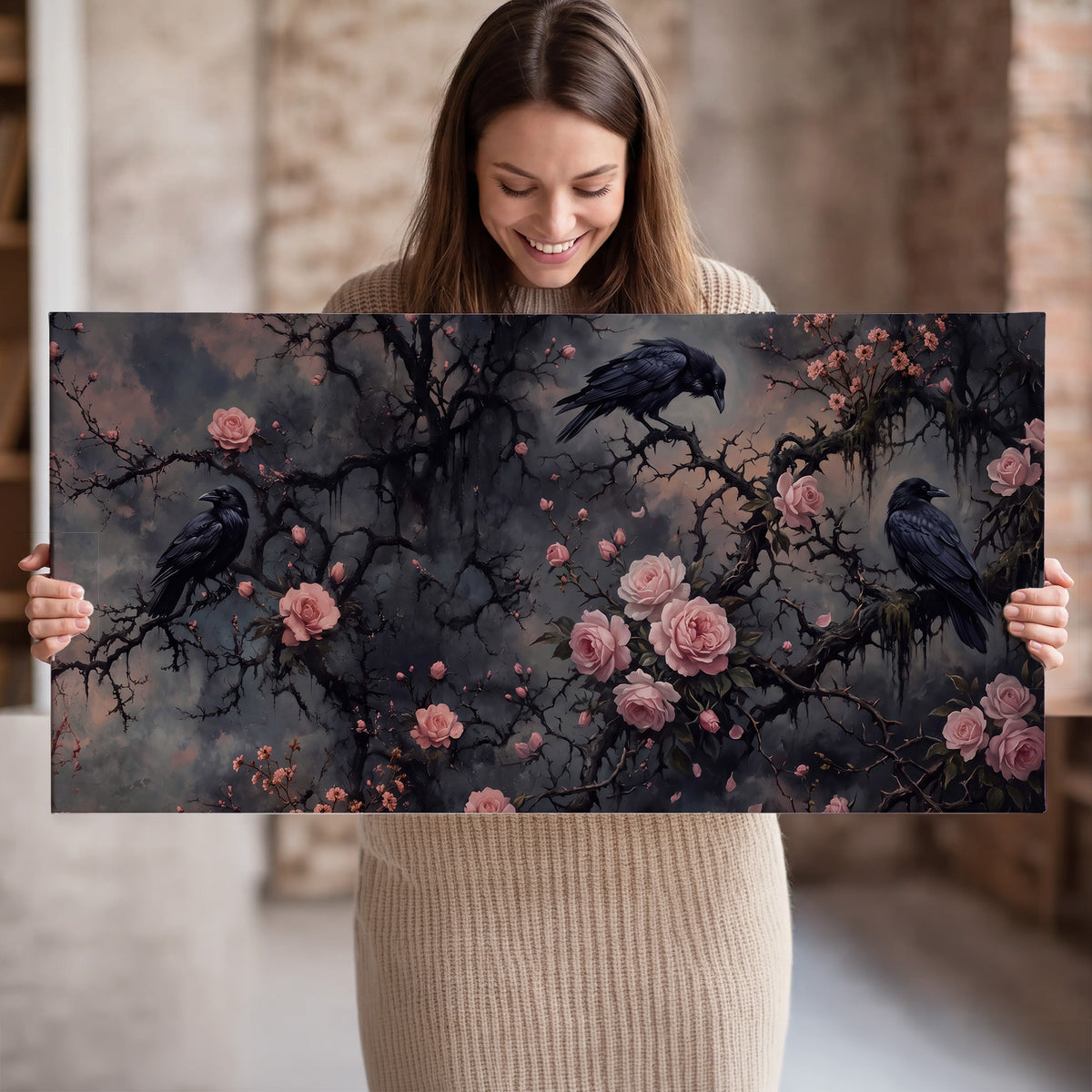 Black ravens perched among pink roses and dark branches single canvas wall art held in hands