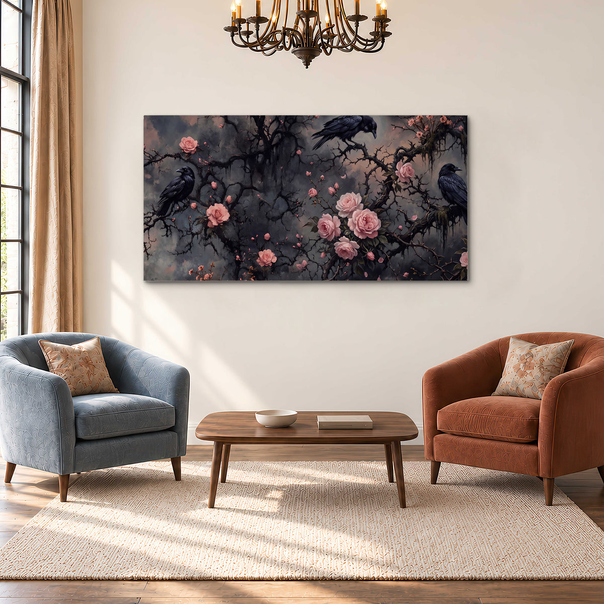 Black ravens perched among pink roses and dark branches single canvas wall art styled in an interior