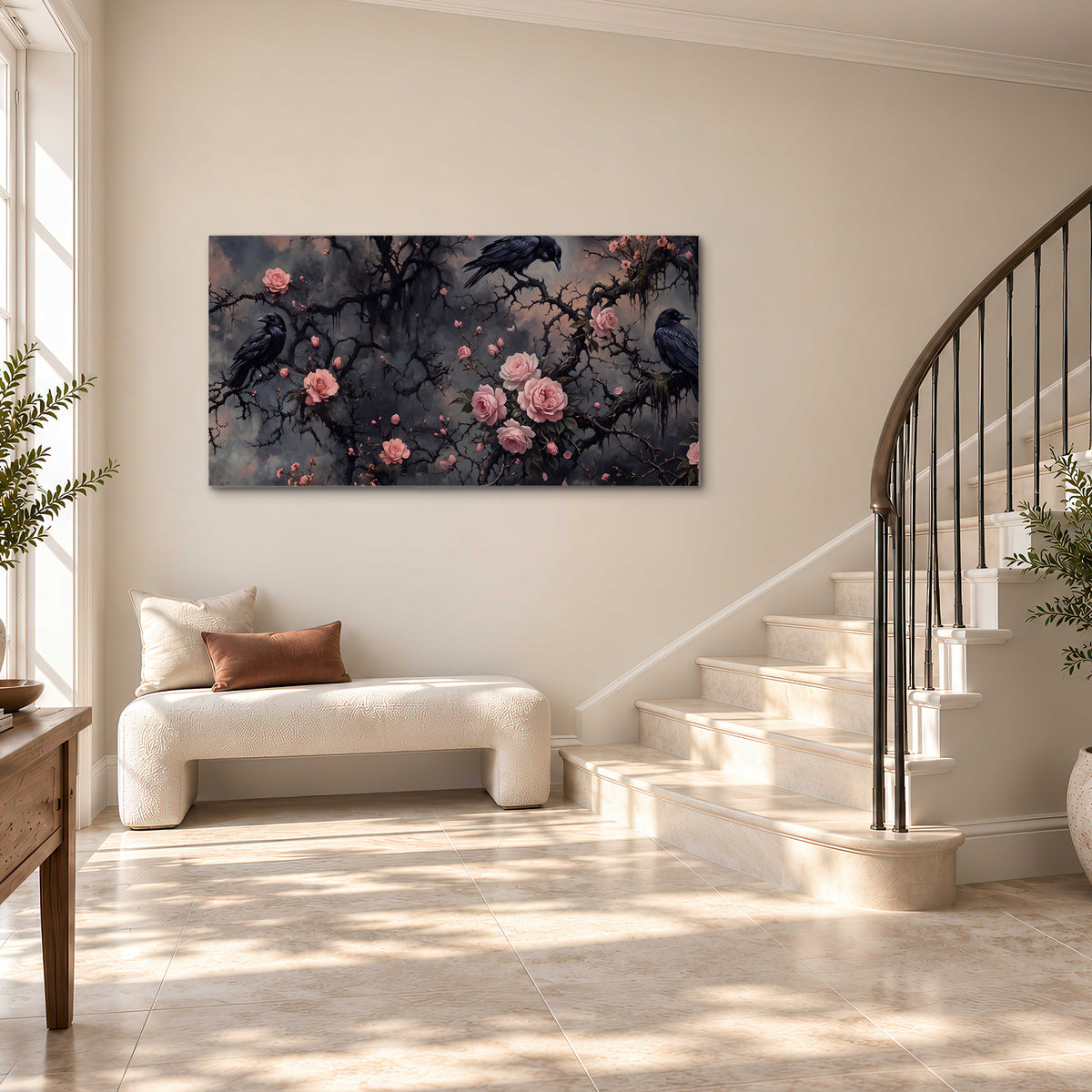 Black ravens perched among pink roses and dark branches single canvas wall art styled in an interior