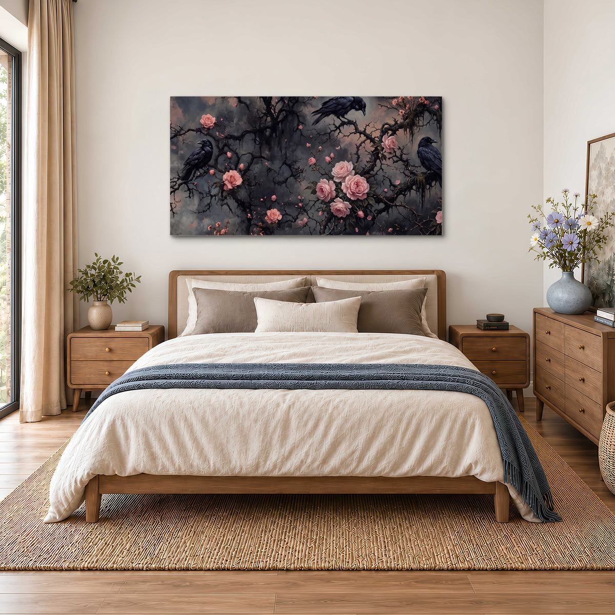 Black ravens perched among pink roses and dark branches single canvas wall art styled in an interior
