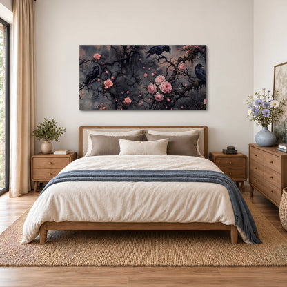 Black ravens perched among pink roses and dark branches single canvas wall art styled in an interior
