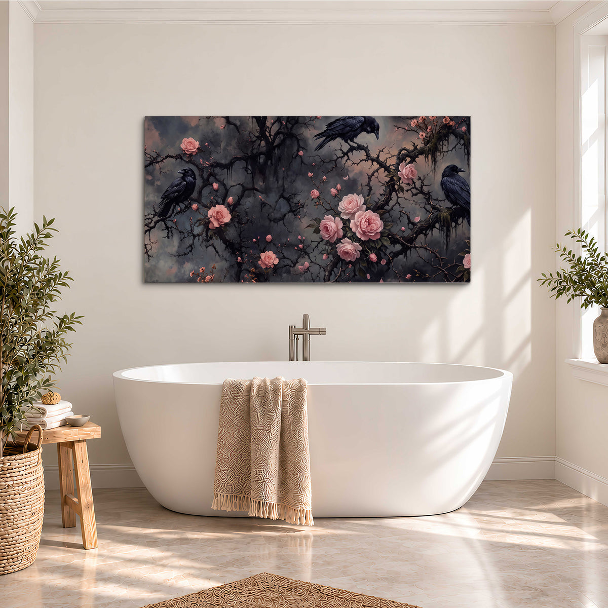 Black ravens perched among pink roses and dark branches single canvas wall art styled in an interior