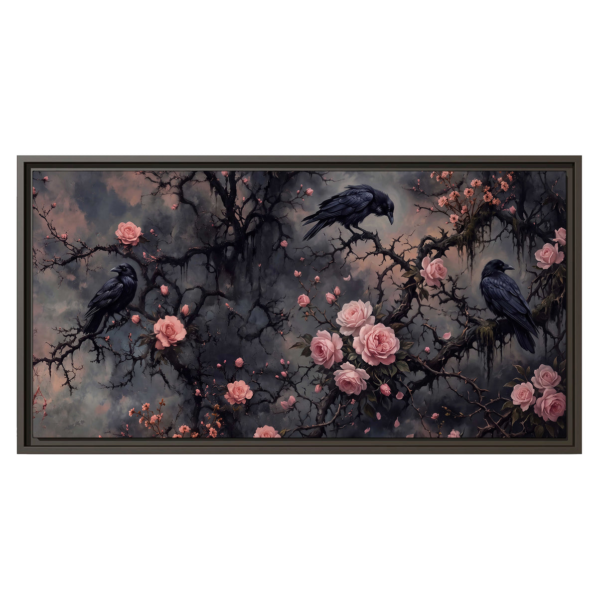 Black ravens perched among pink roses and dark branches single framed canvas wall art viewed straight on