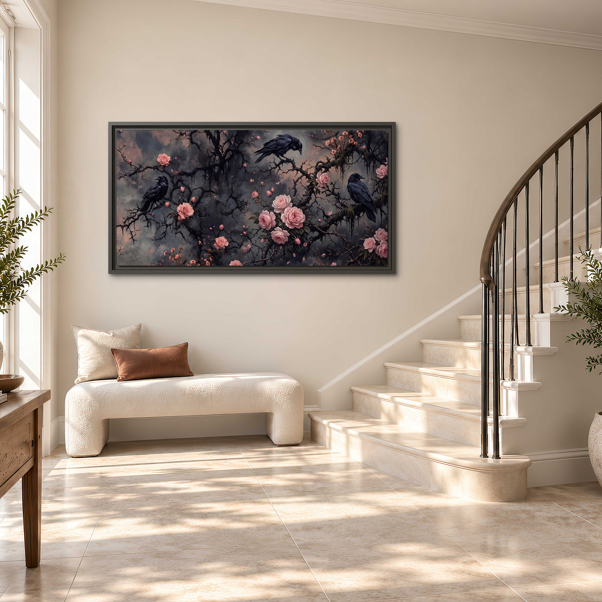 Black ravens perched among pink roses and dark branches single framed canvas wall art styled in an interior