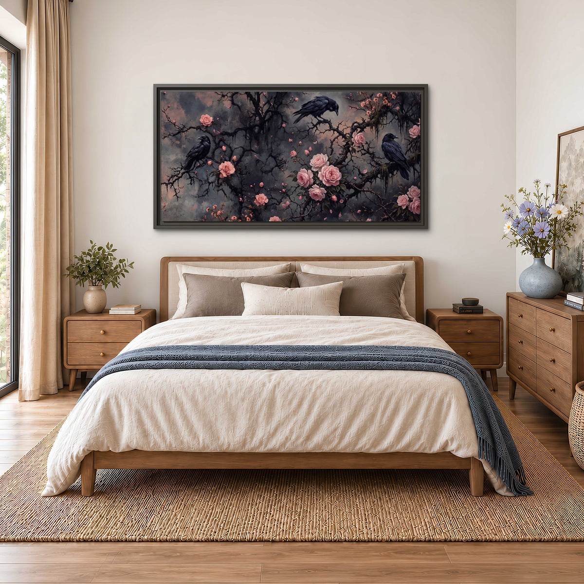 Black ravens perched among pink roses and dark branches single framed canvas wall art styled in an interior
