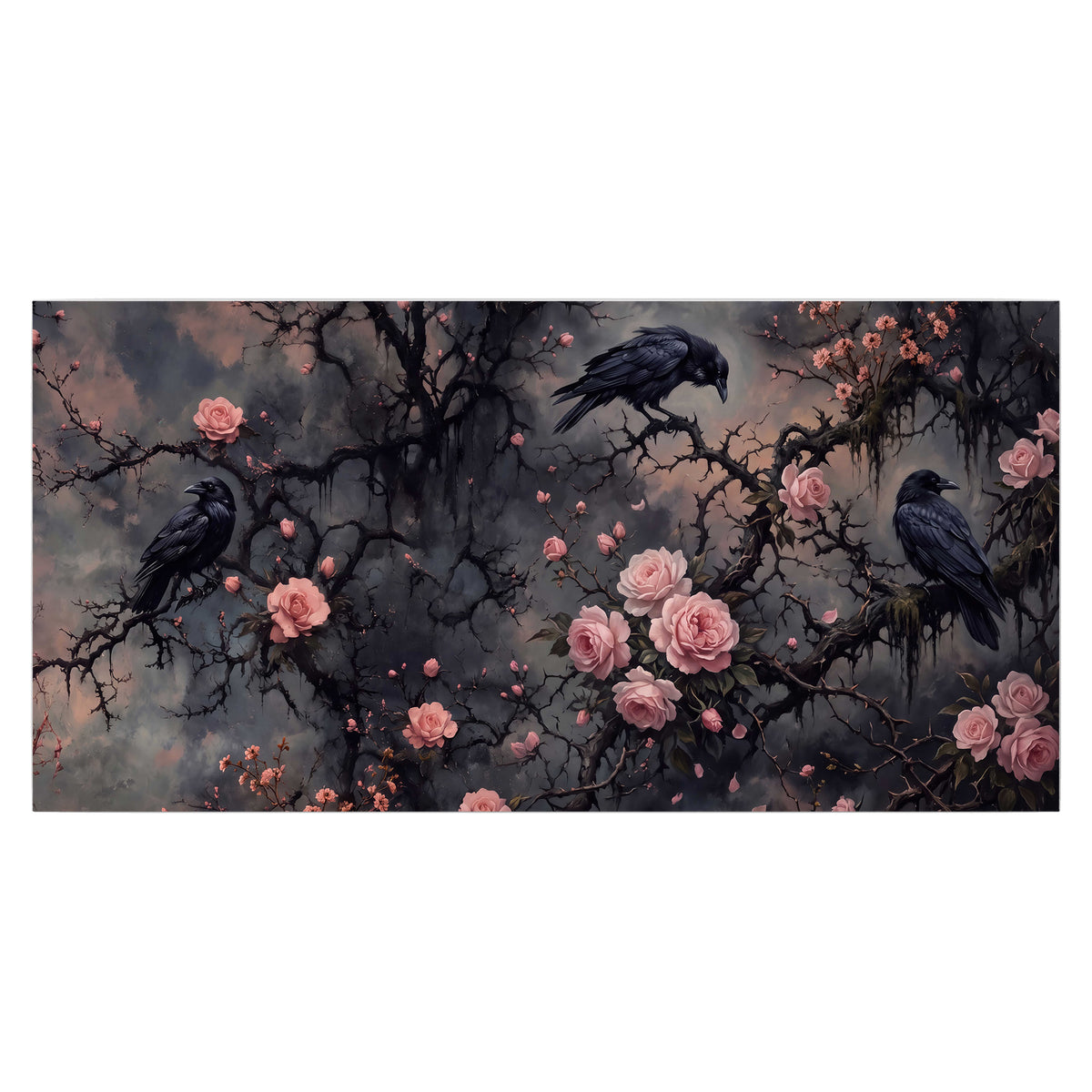 Black ravens perched among pink roses and dark branches single poster print viewed straight on