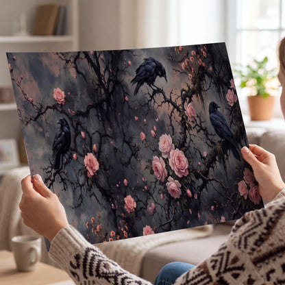 Black ravens perched among pink roses and dark branches single poster print held in hands