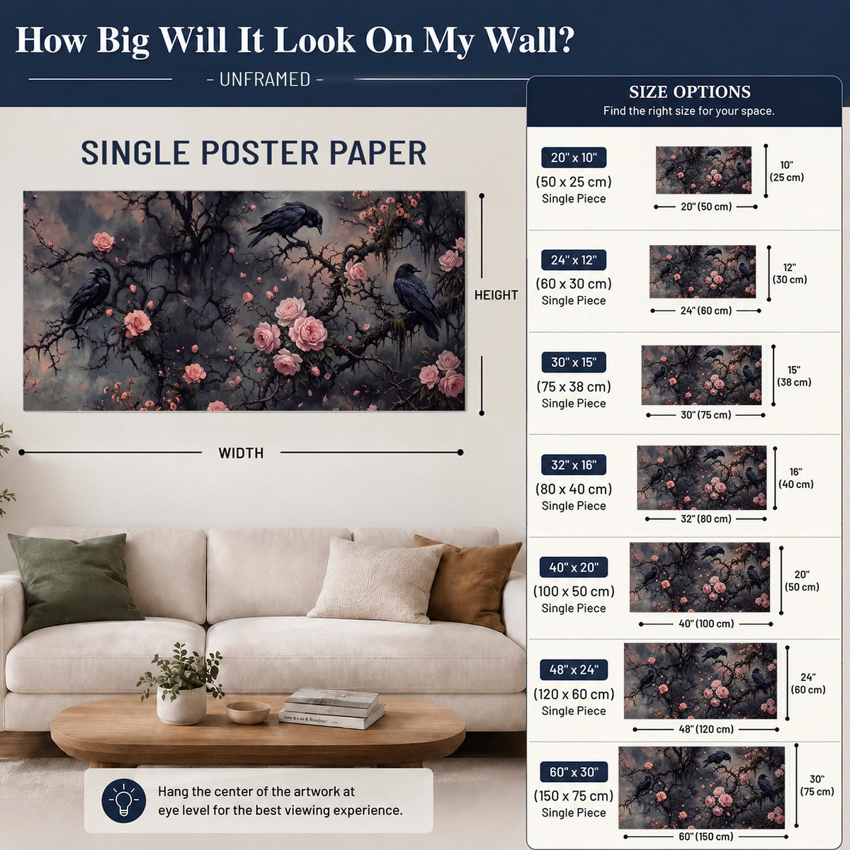 Black ravens perched among pink roses and dark branches single poster print size guide above a sofa; room view is illustrative