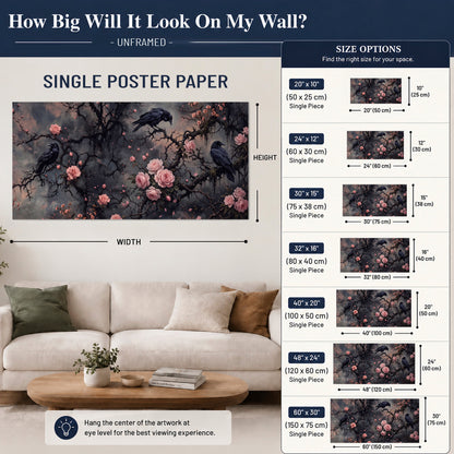 Black ravens perched among pink roses and dark branches single poster print size guide above a sofa; room view is illustrative