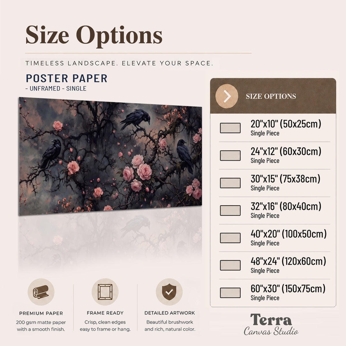 Black ravens perched among pink roses and dark branches single poster print available dimensions