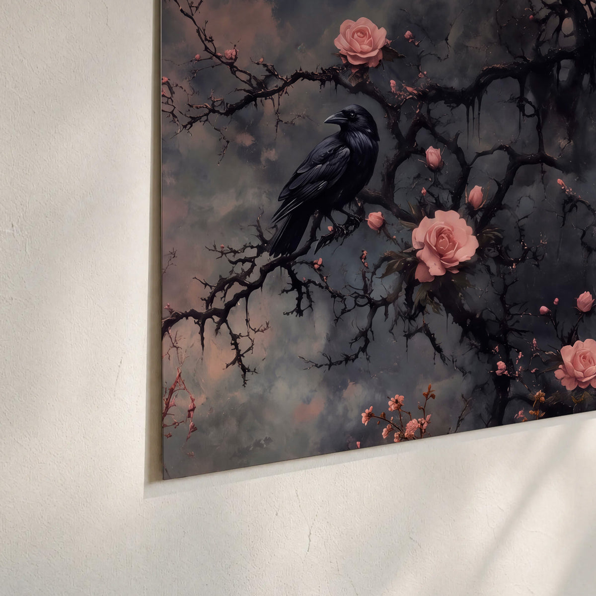 Black ravens perched among pink roses and dark branches set of 3 poster prints material and edge close up
