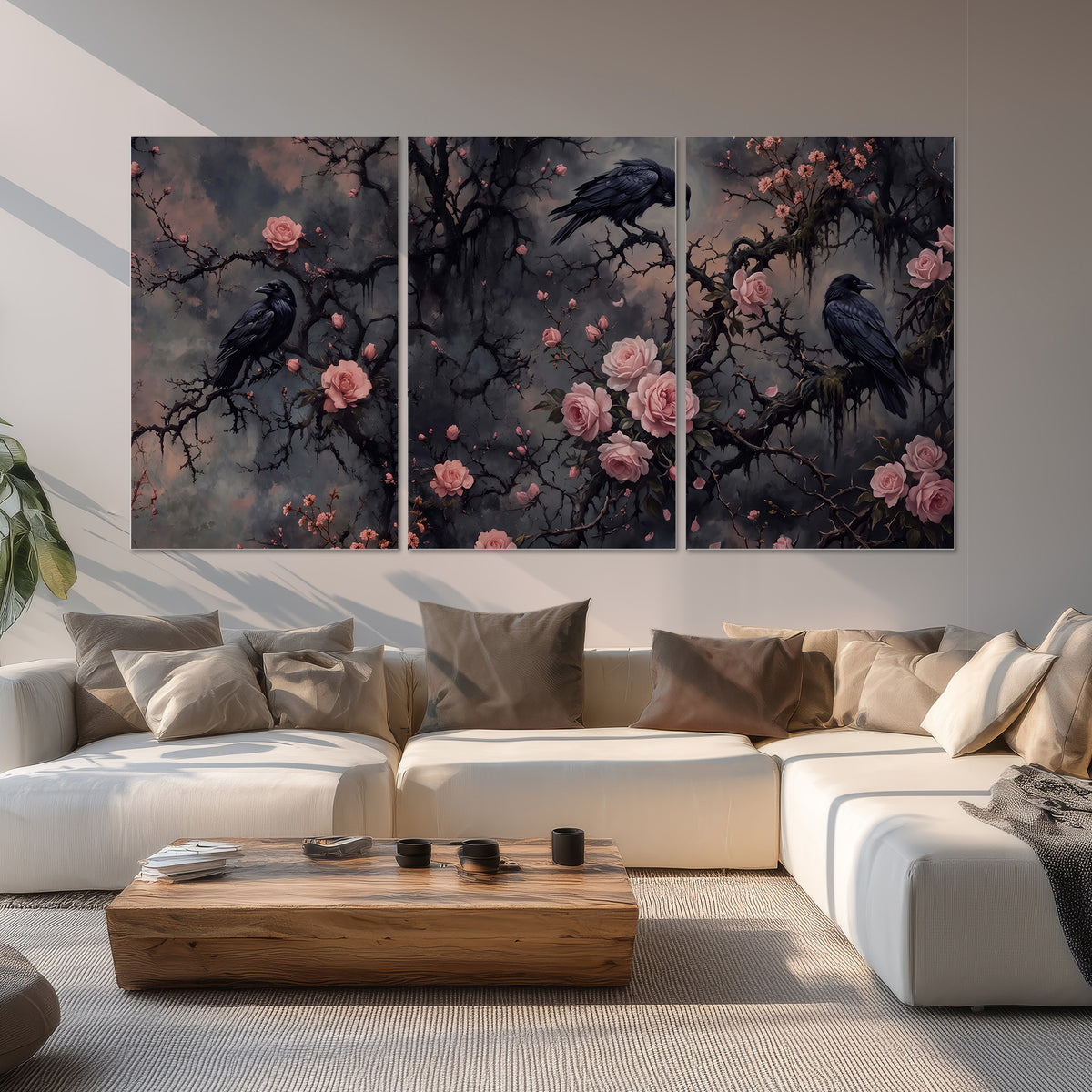 Black ravens perched among pink roses and dark branches set of 3 poster prints displayed in a living room