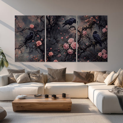 Black ravens perched among pink roses and dark branches set of 3 poster prints displayed in a living room