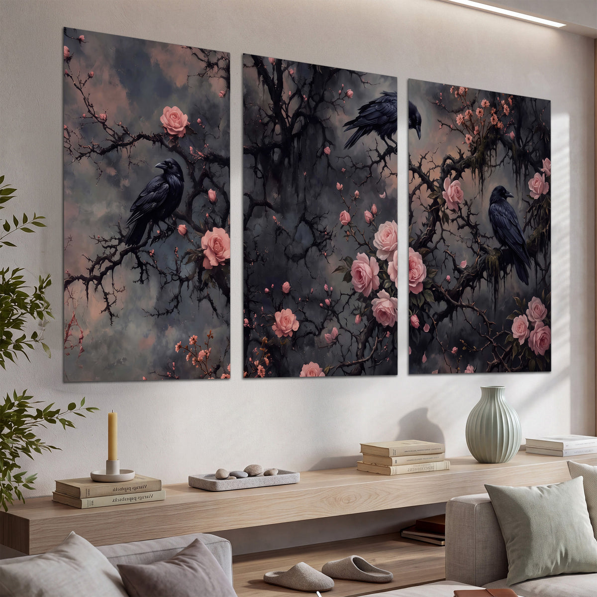Black ravens perched among pink roses and dark branches set of 3 poster prints displayed in a console