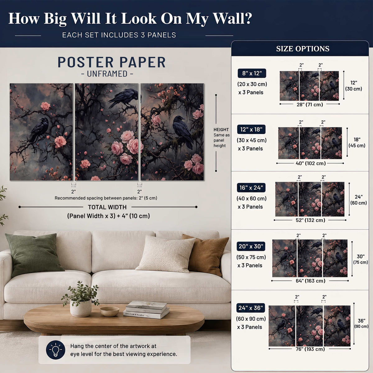 Black ravens perched among pink roses and dark branches set of 3 poster prints size guide above a sofa; room view is illustrative