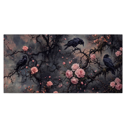 Black ravens perched among pink roses and dark branches single canvas wall art viewed straight on