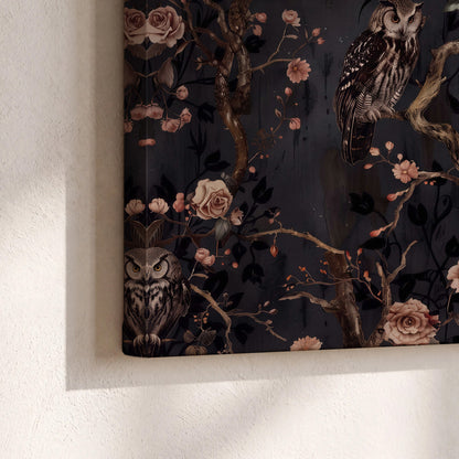 Owls among curling branches and dusty pink flowers on dark gray 3 piece canvas wall art material and edge close up