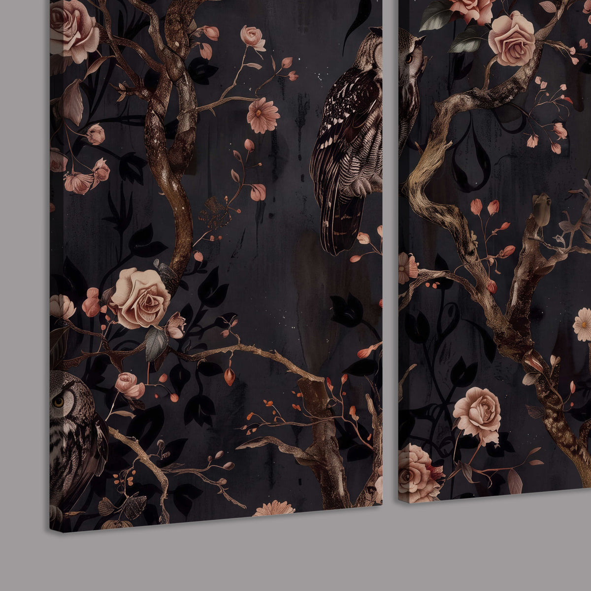 Owls among curling branches and dusty pink flowers on dark gray 3 piece canvas wall art room and product view