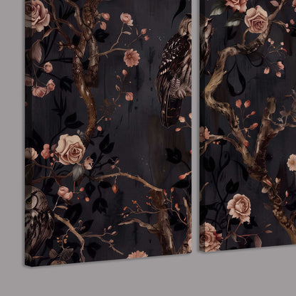 Owls among curling branches and dusty pink flowers on dark gray 3 piece canvas wall art room and product view