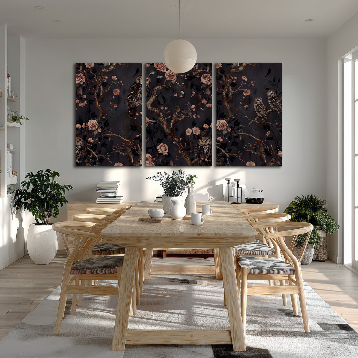 Owls among curling branches and dusty pink flowers on dark gray 3 piece canvas wall art room and product view