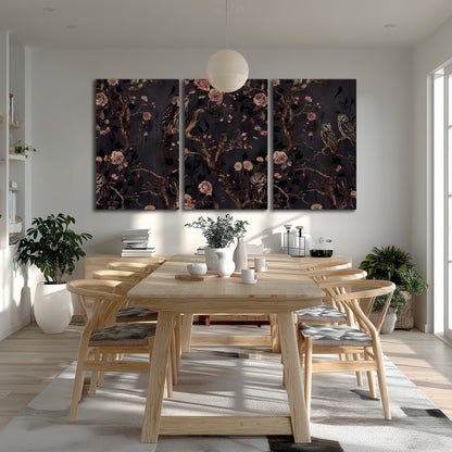 Owls among curling branches and dusty pink flowers on dark gray 3 piece canvas wall art room and product view
