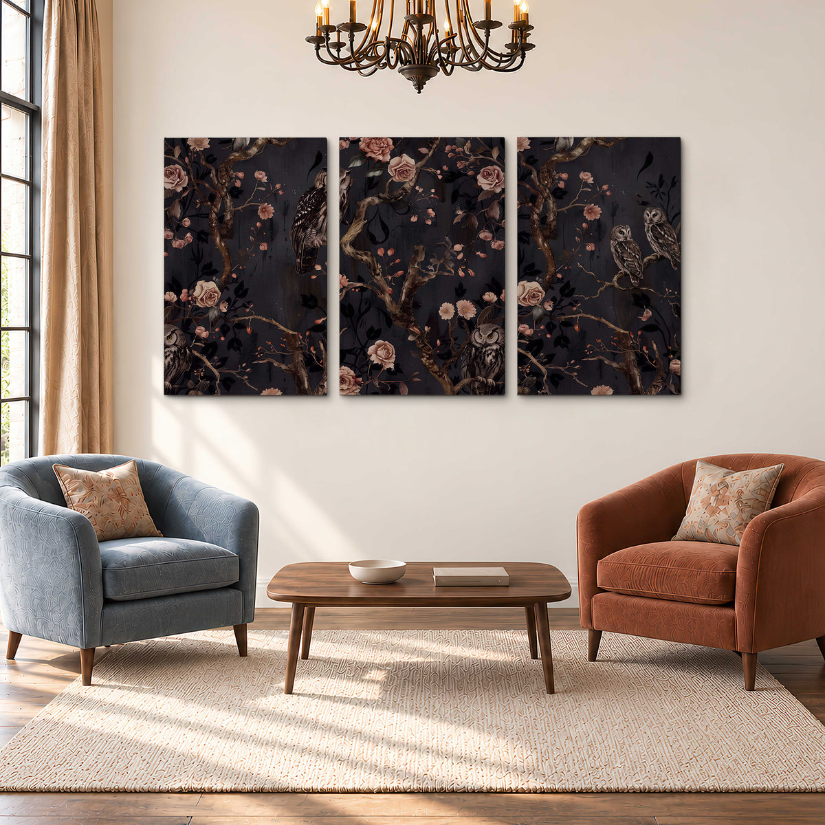 Owls among curling branches and dusty pink flowers on dark gray 3 piece canvas wall art styled in an interior