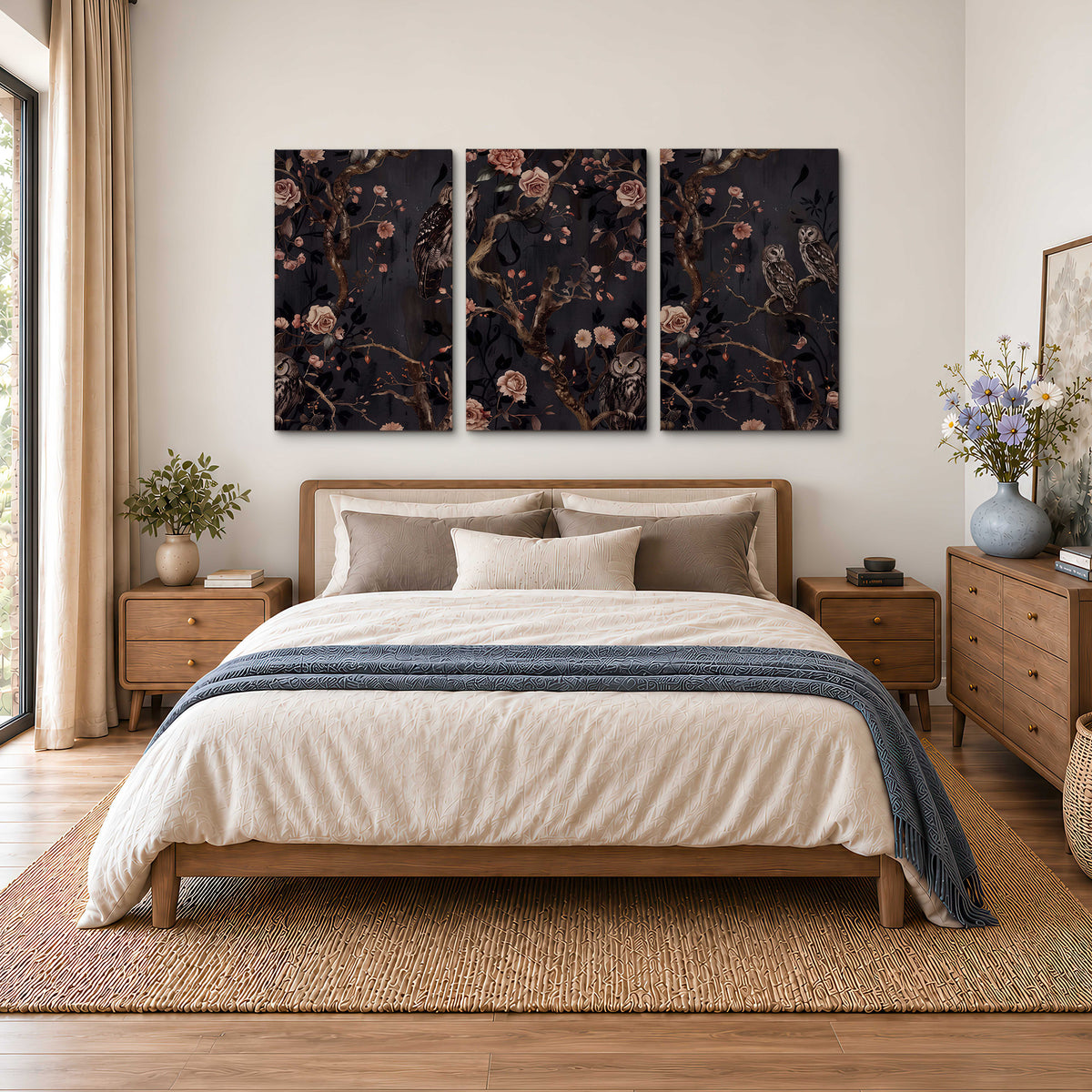 Owls among curling branches and dusty pink flowers on dark gray 3 piece canvas wall art styled in an interior