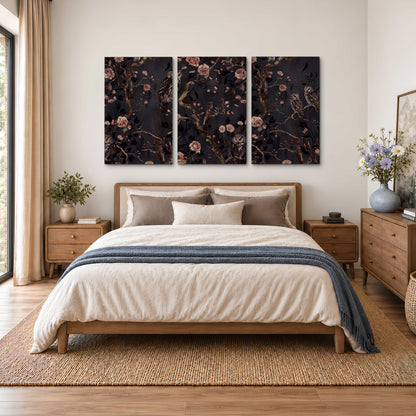 Owls among curling branches and dusty pink flowers on dark gray 3 piece canvas wall art styled in an interior